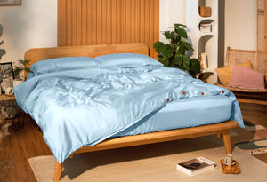 Sonno illusion blue Bed Sheet in a Japandi bedroom