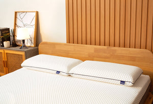 Sonno memory foam pillow on Sonno Original mattress in a Japandi bedroom